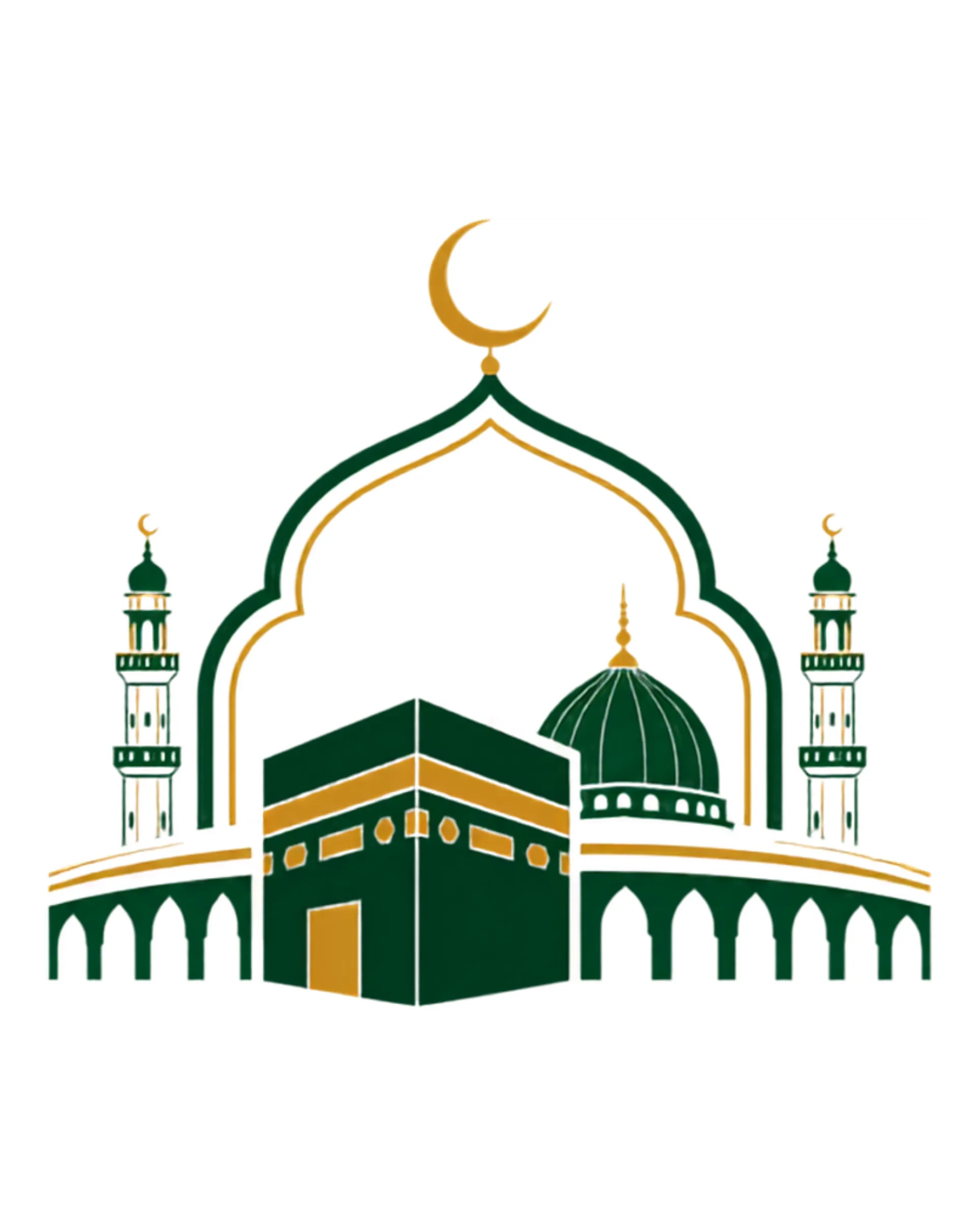 Ilustrasi Ka'bah, kubah hijau, dan menara masjid dengan warna hijau tua dan emas